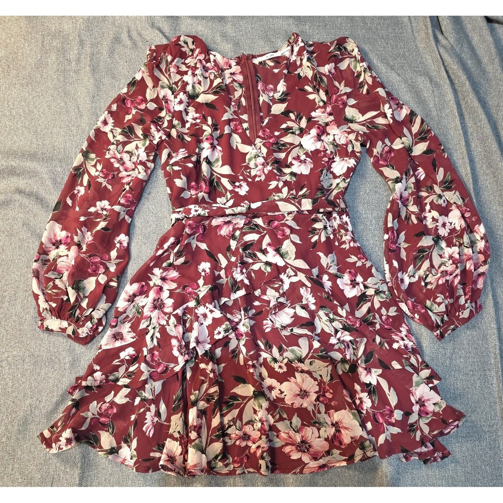 Size Small-Womens Floral Romper Dress Burgundy Pink Long Sleeve Skortโ Ruffle